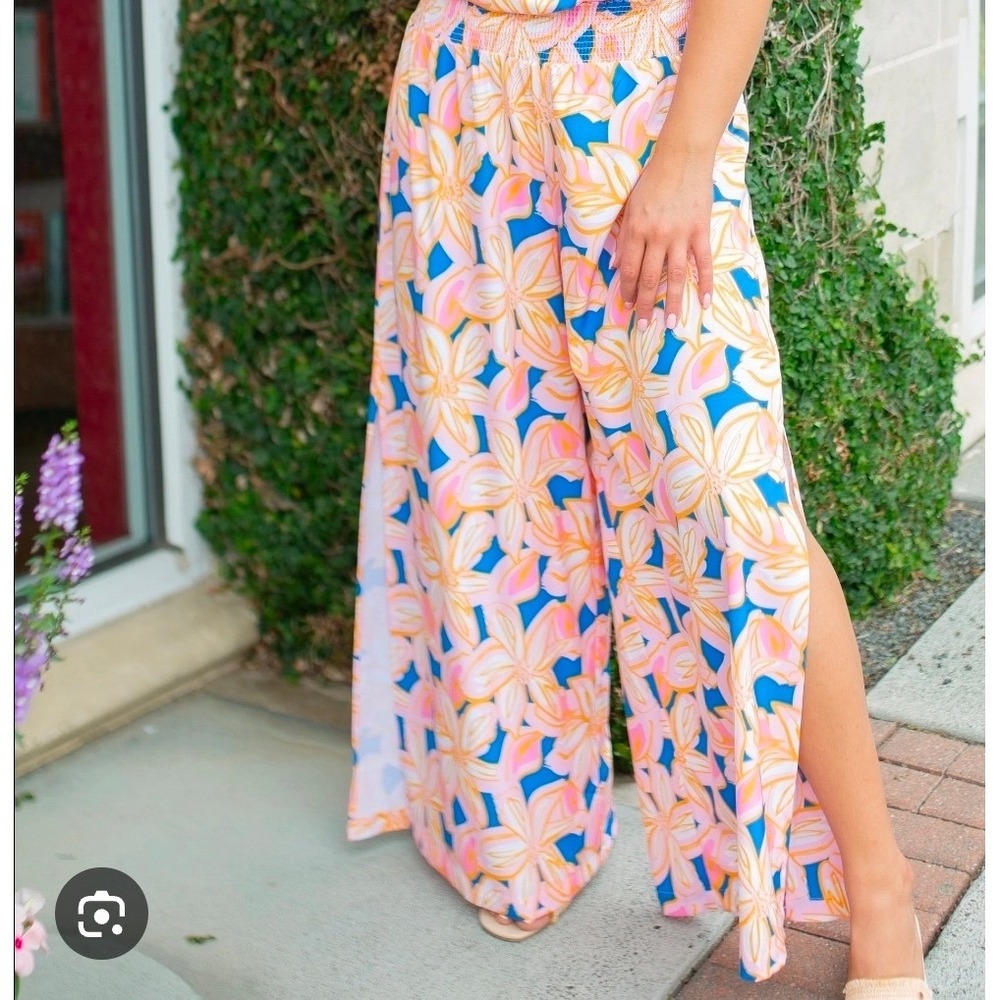 Michelle McDowell Floral Wide Leg Smocked Waist Side Slit Pants Blue Pink‎ Small